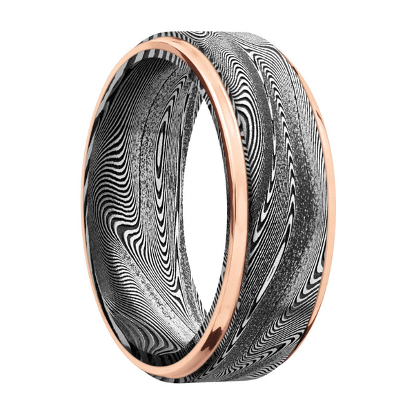 Stainless Damascus Flat Band with Offset 14k Rose Gold Inlay