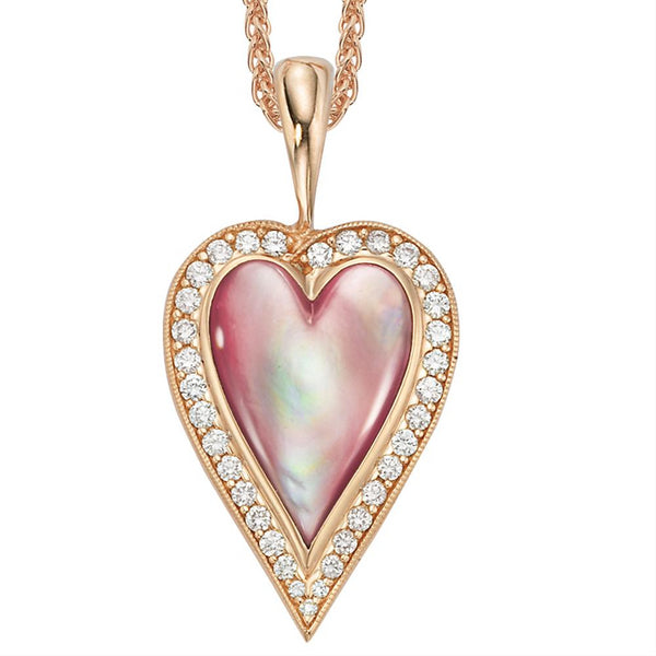 14KYG Pink Mother of Pearl Heart and Beaded Frame Pendant