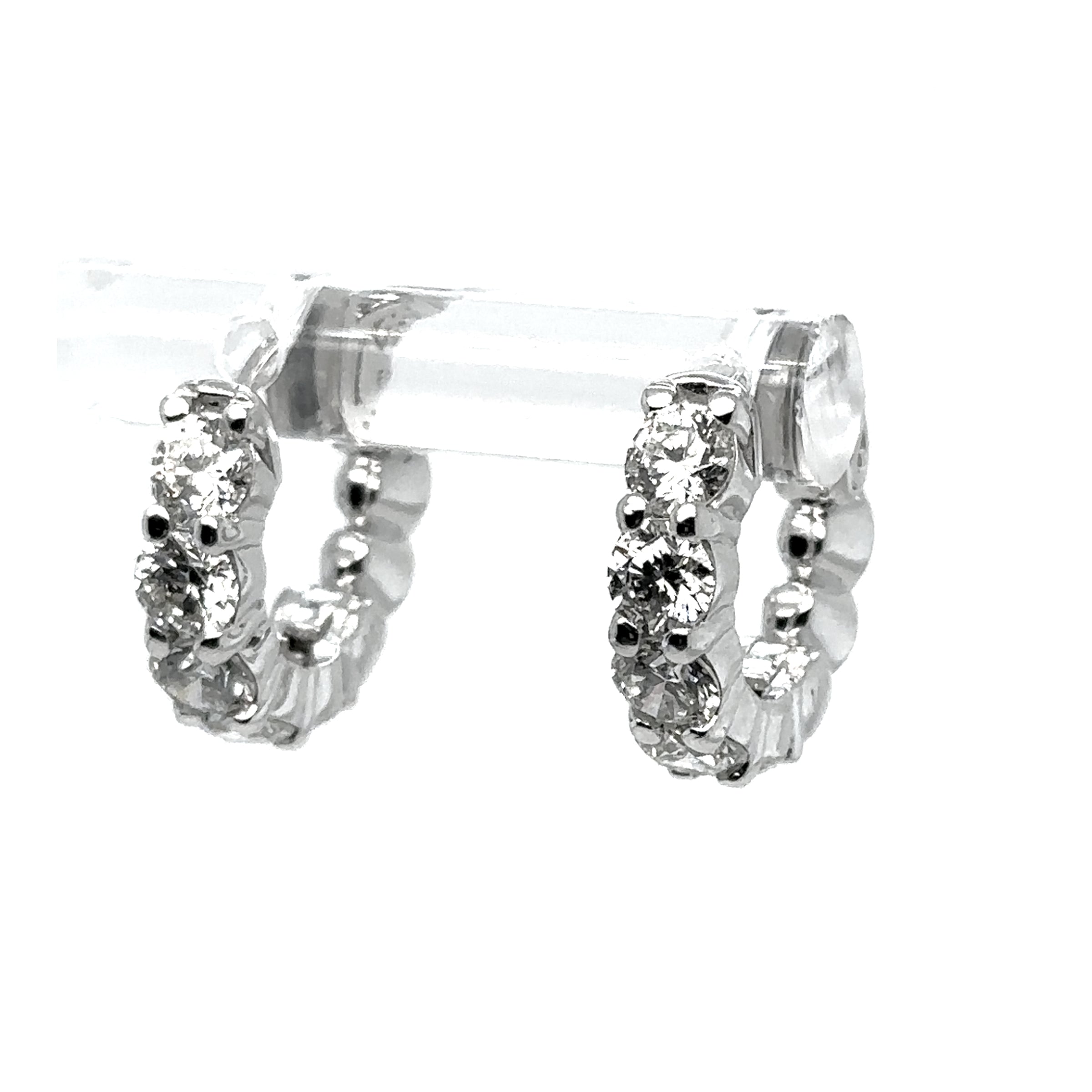 14K White Gold 2.42 Carat Diamond Huggie Hoop Earrings