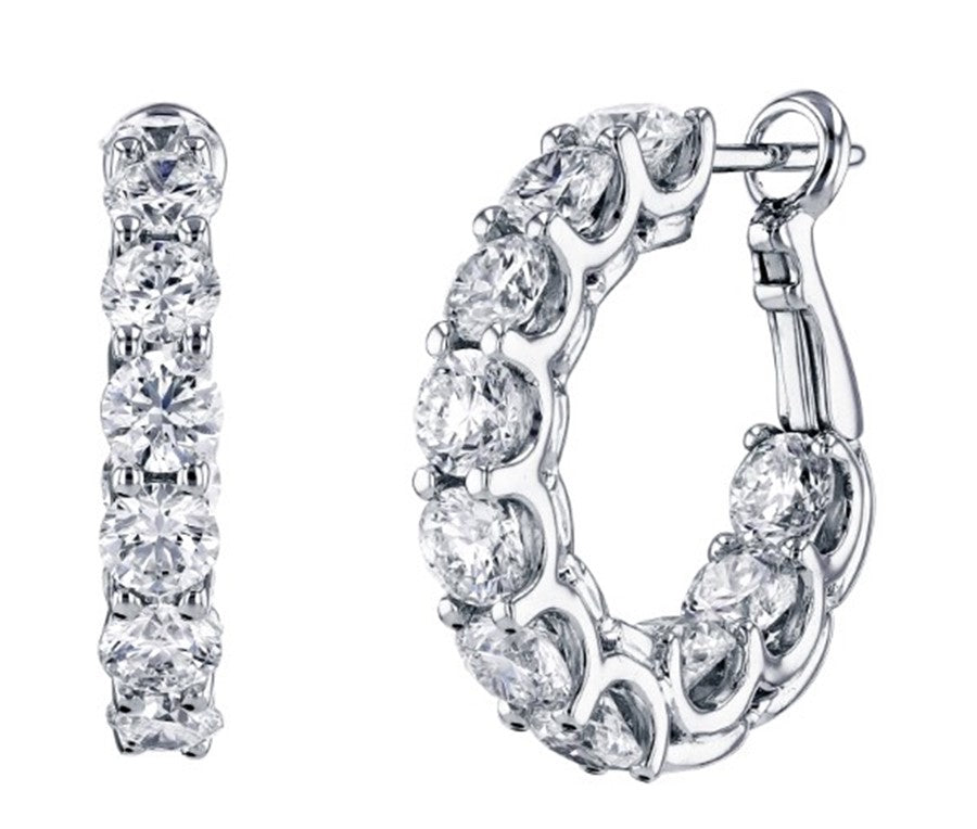 18K White Gold Round Shared Prong Diamond Hoop Earrings