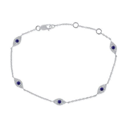 14K White Gold Sapphire and Diamond Evil Eye Chain Bracelet