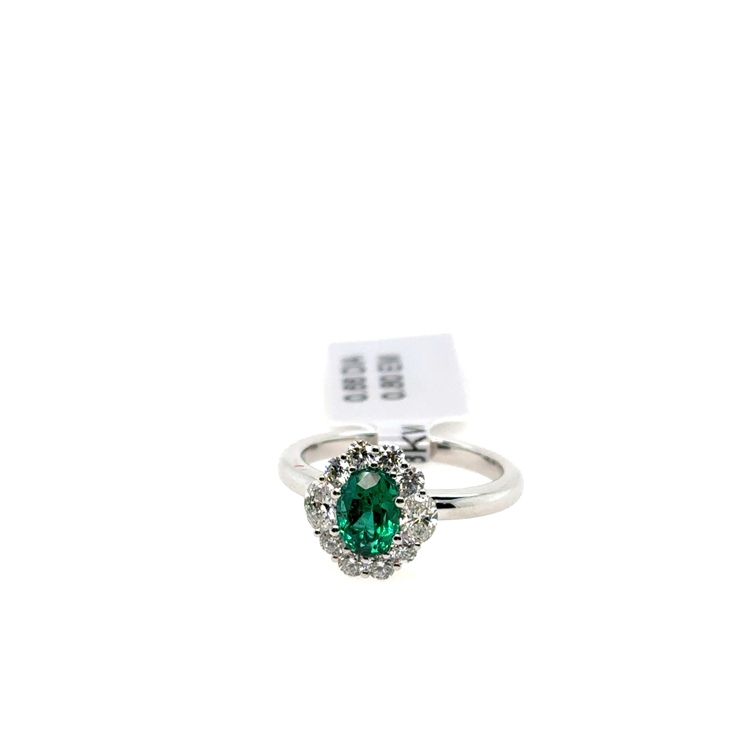 18K White Gold Emerald and Diamond Halo Ring