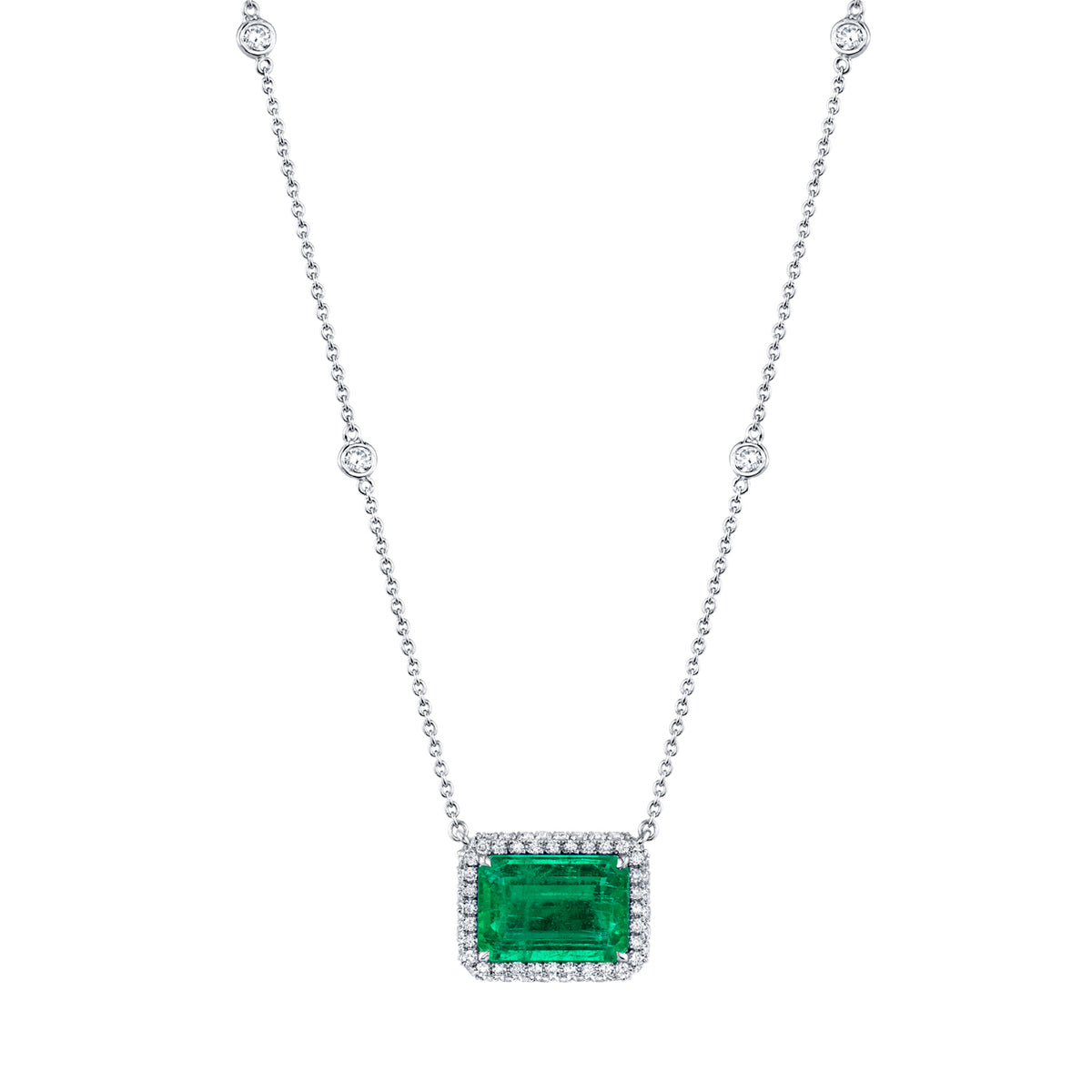 Platinum East/West Emerald and Diamond Necklace