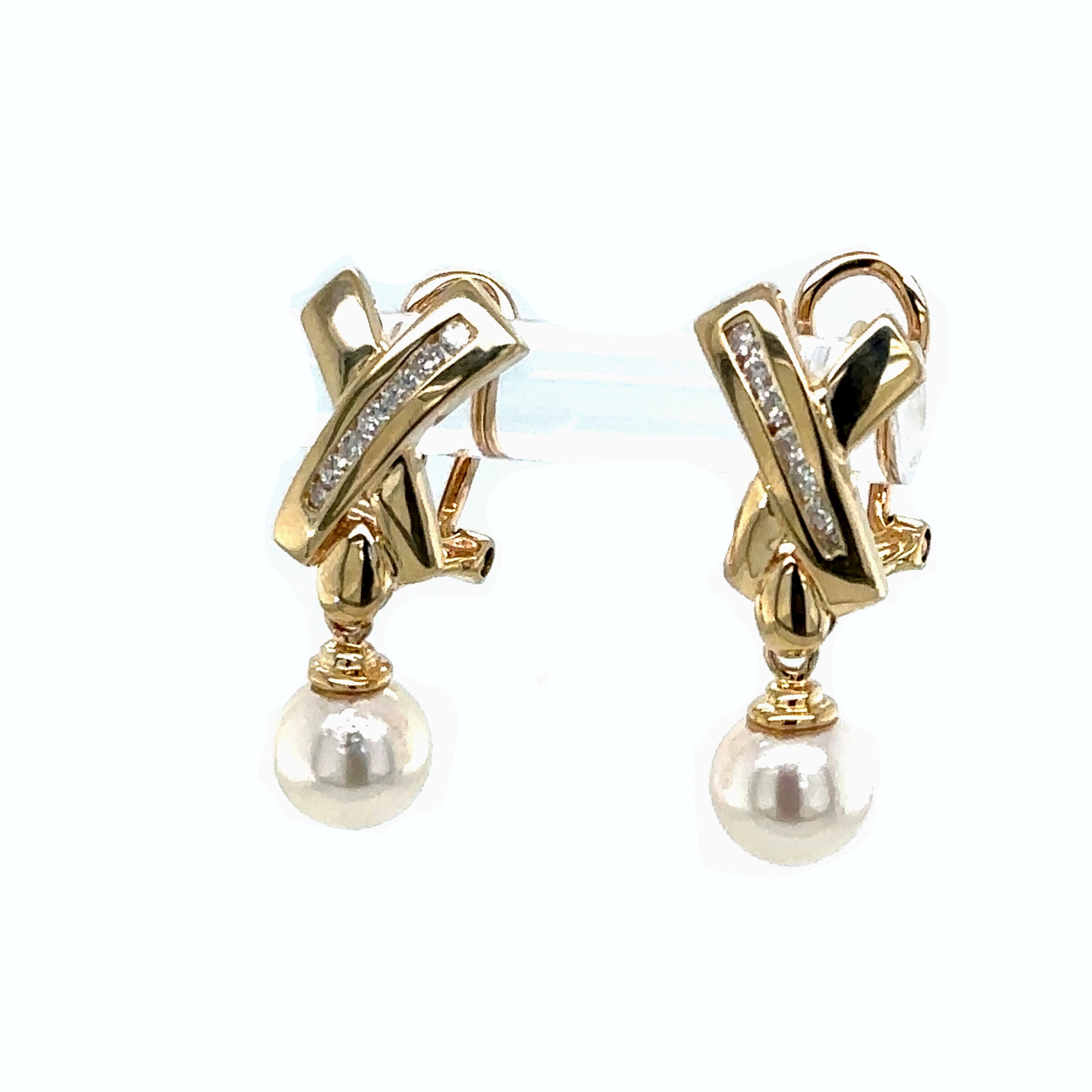Pre-Owned 14K Yellow Pearl and Diamond Dangle Earrings