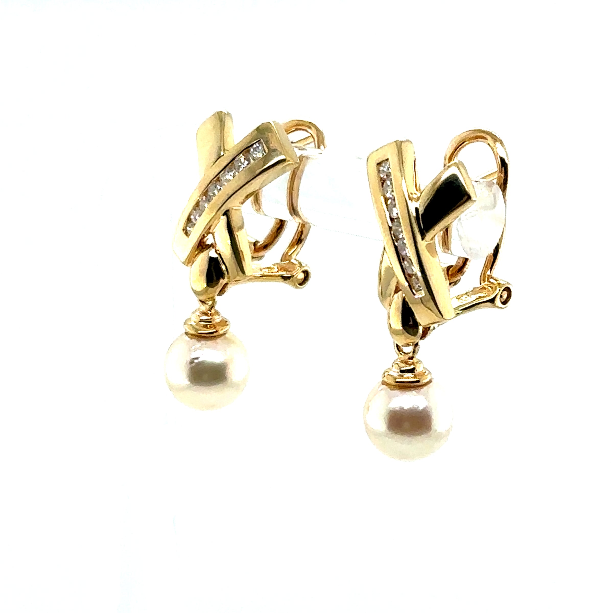 Pre-Owned 14K Yellow Pearl and Diamond Dangle Earrings