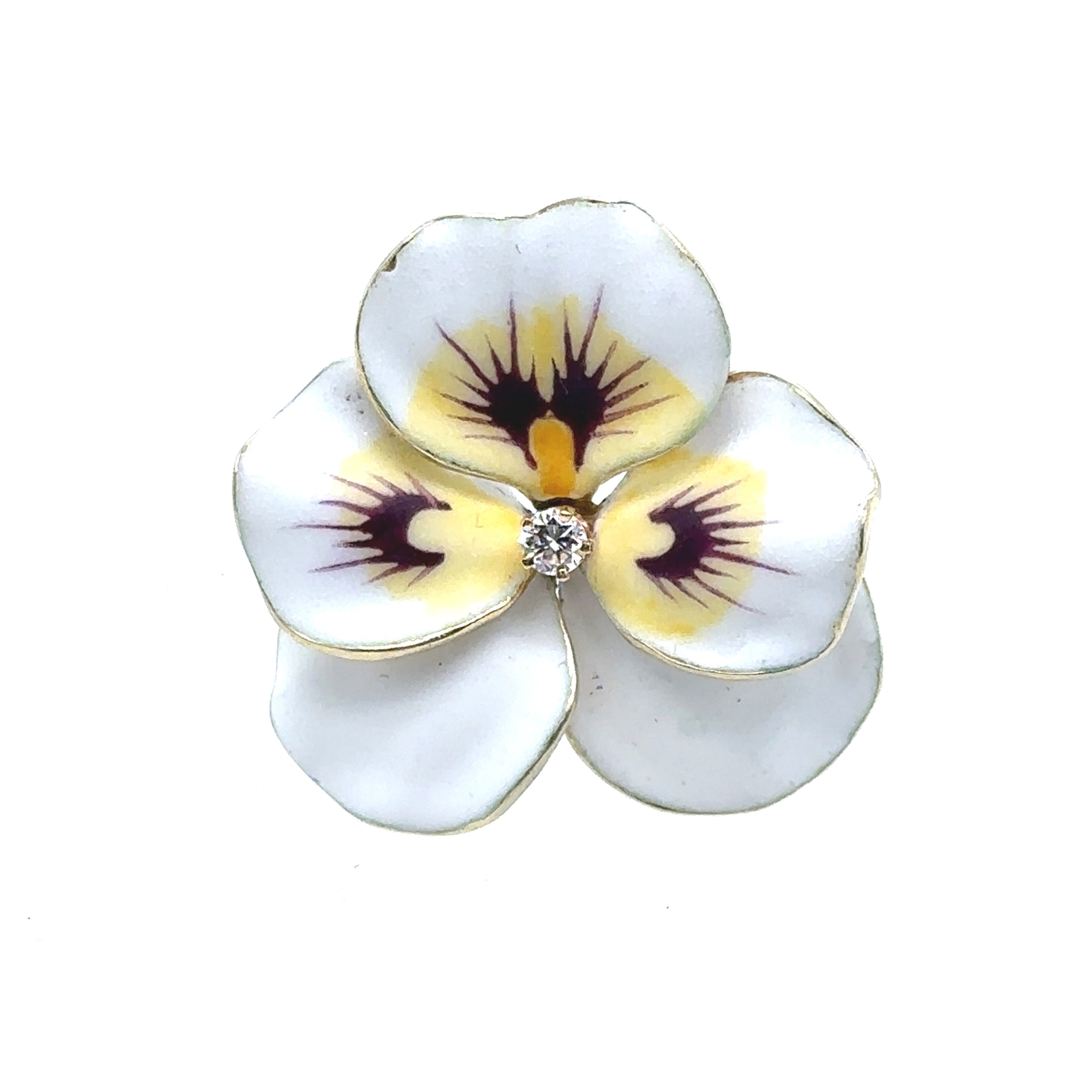 Pre-Owned 14K Yellow Gold White Enamel Floral Pin