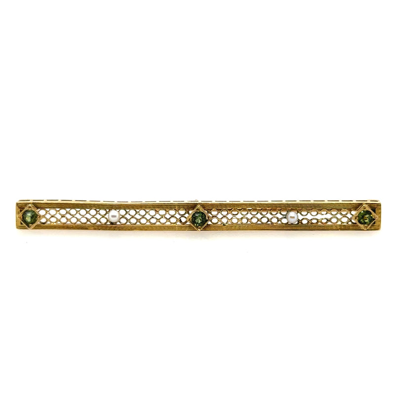 Pre-Owned 14K Yellow Gold Filigree Pearl & Peridot Pin - NAGI