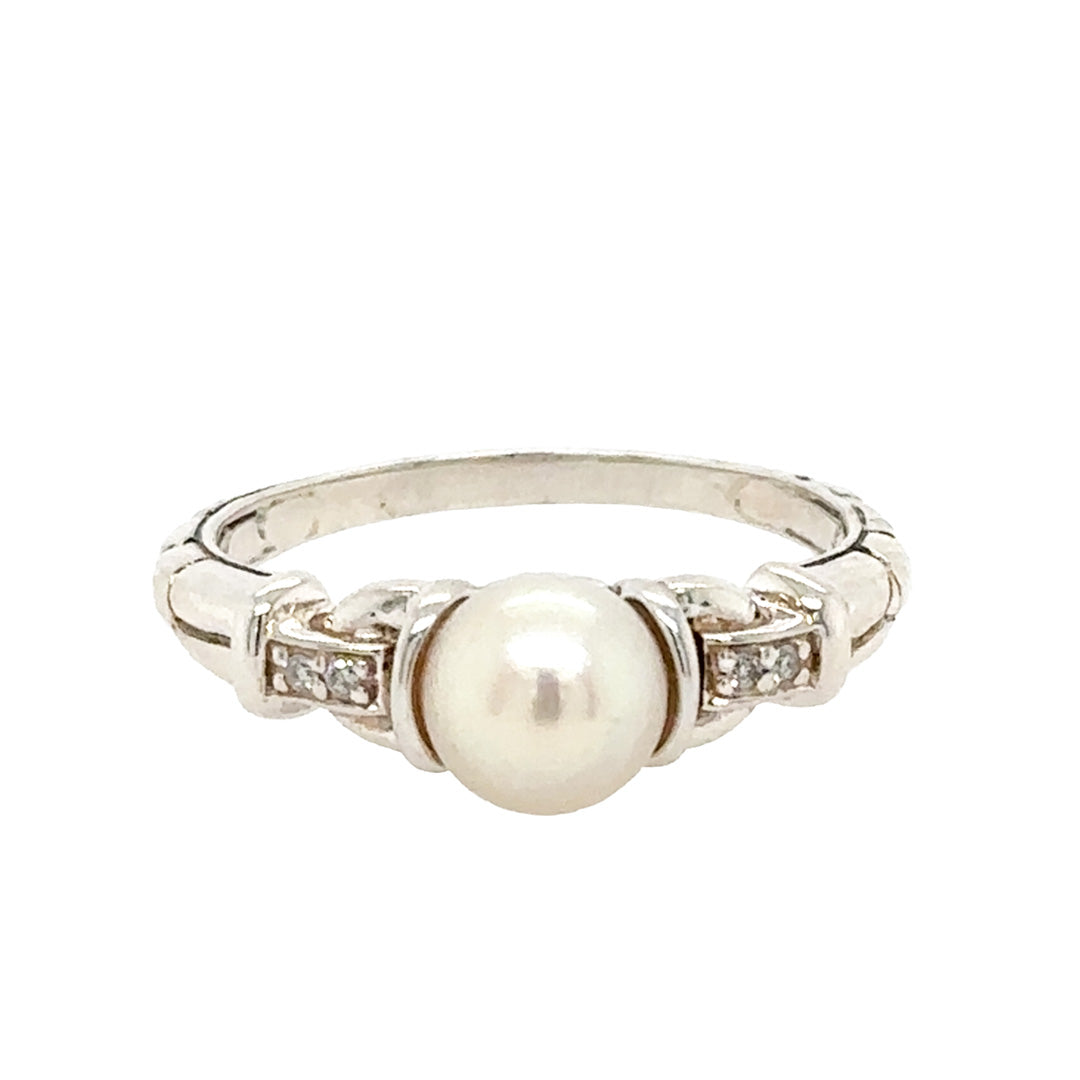 Pre-Owned Sterling Silver Pearl and Diamond Ring