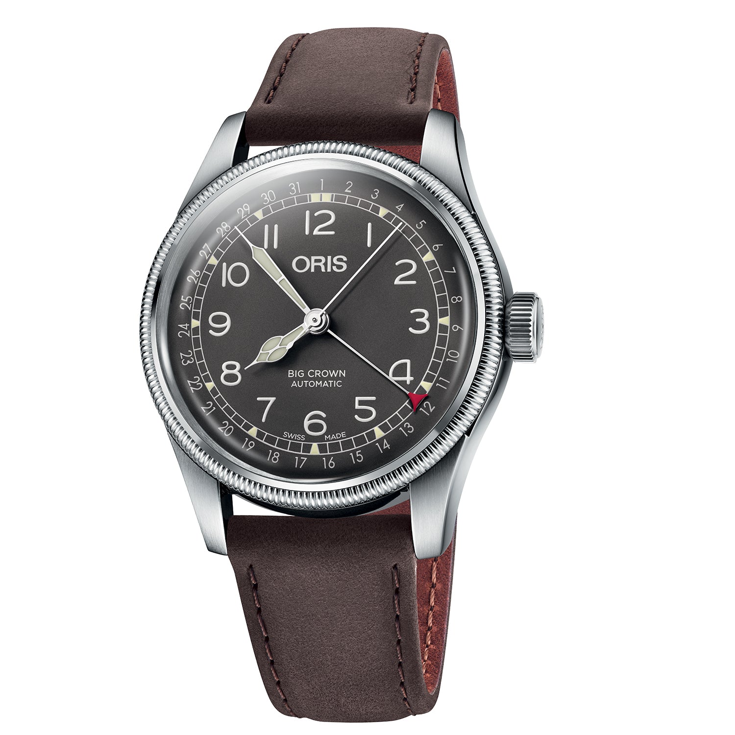 Oris Big Crown Pointer Date Black Dial 40mm Steel Brown Leather Watch