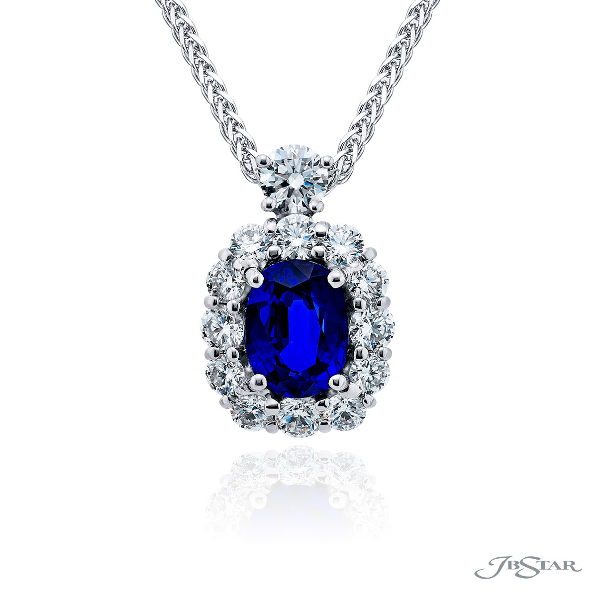 Pre-Owned JB Star Platinum Natural Cylon Oval Sapphire Halo Diamond Necklace