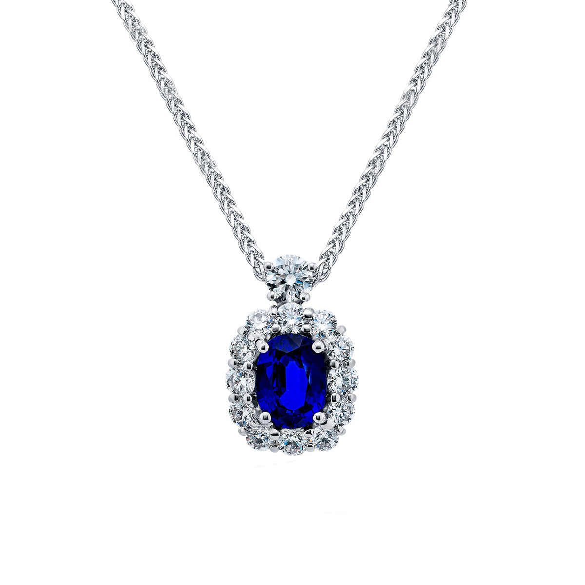 Pre-Owned JB Star Platinum Natural Cylon Oval Sapphire Halo Diamond Necklace - NAGI