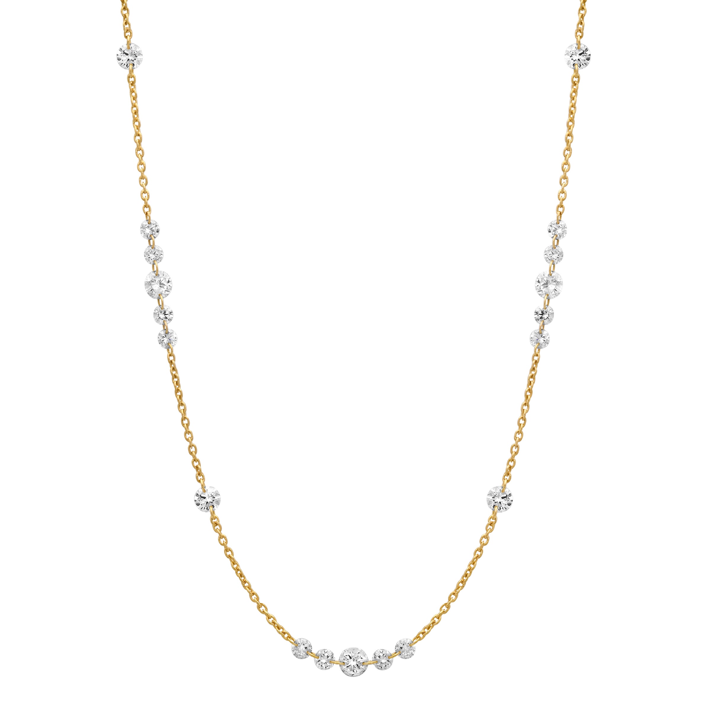 18K Yellow Gold Floating Drilled Diamond Station Necklace