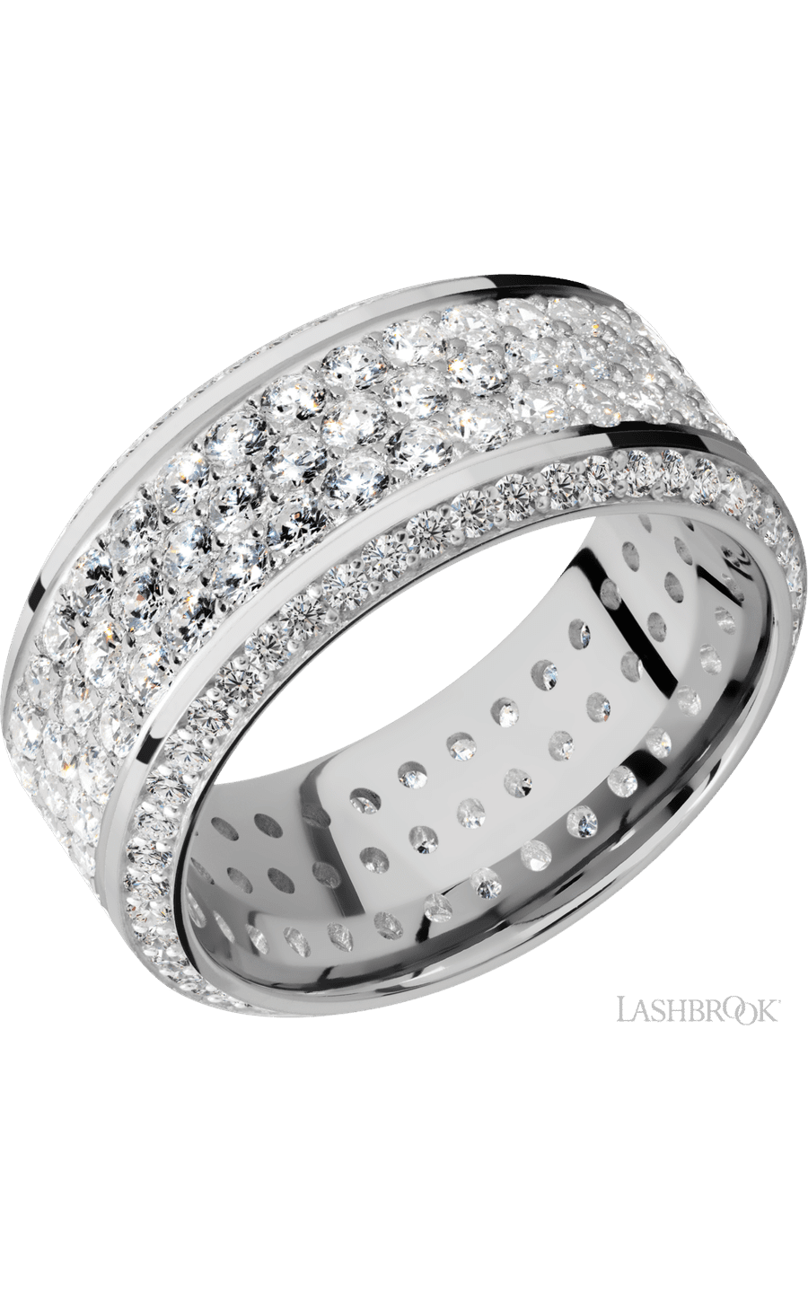 10 mm wide/High Bevel/14K White Gold band with a Bevel Eternity arrangement of .01 carat Round Diamond stones in a Bead setting img1