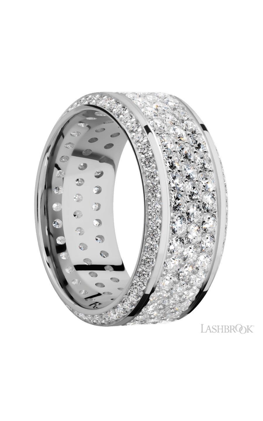 10 mm wide/High Bevel/14K White Gold band with a Bevel Eternity arrangement of .01 carat Round Diamond stones in a Bead setting img2