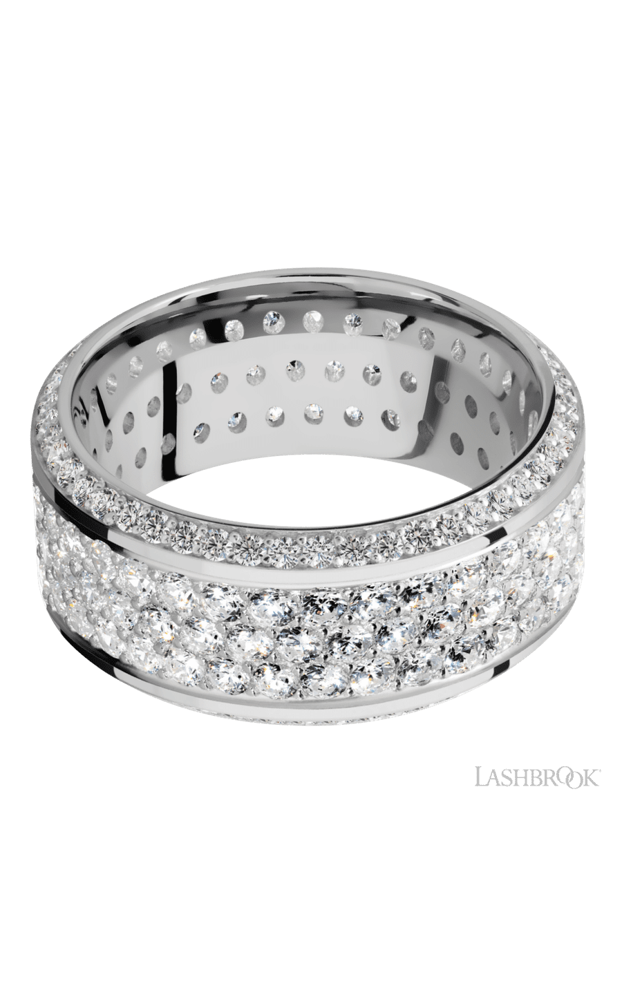 10 mm wide/High Bevel/14K White Gold band with a Bevel Eternity arrangement of .01 carat Round Diamond stones in a Bead setting img3