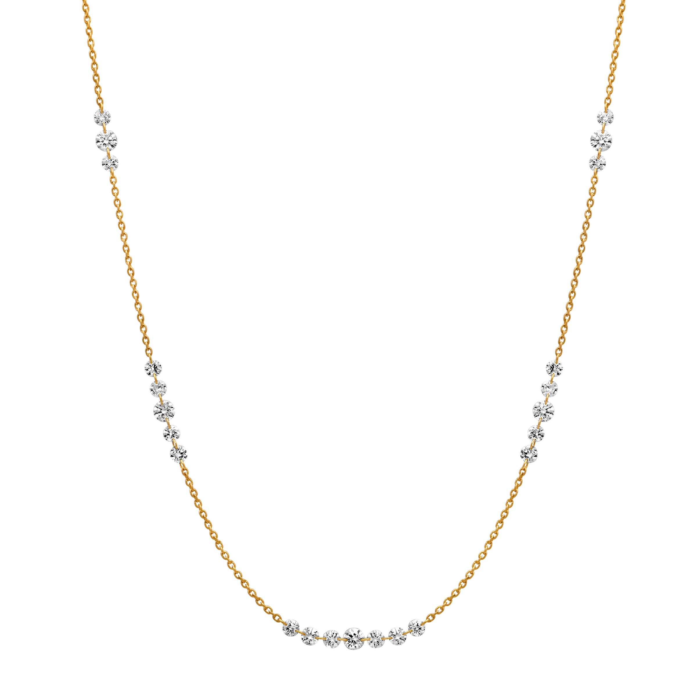 18k Yellow Gold 5 Floating Drilled Diamond Station Necklace