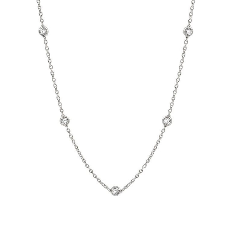 14K White Gold 11 Round Cut 1.0 Carat Diamond Station Necklace
