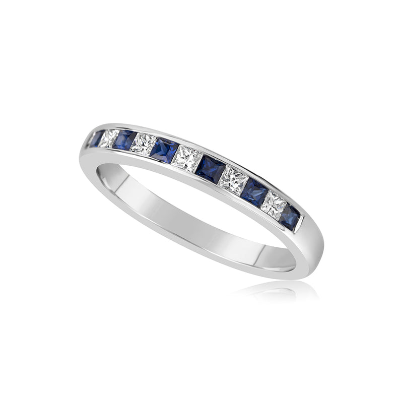 14K White Gold Princess Sapphire and Diamond Channel Set Band