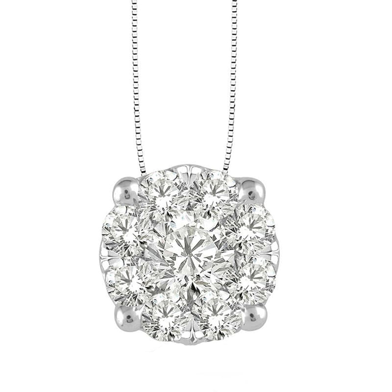 14K White Gold Round Diamond Cluster Necklace 1.50ct
