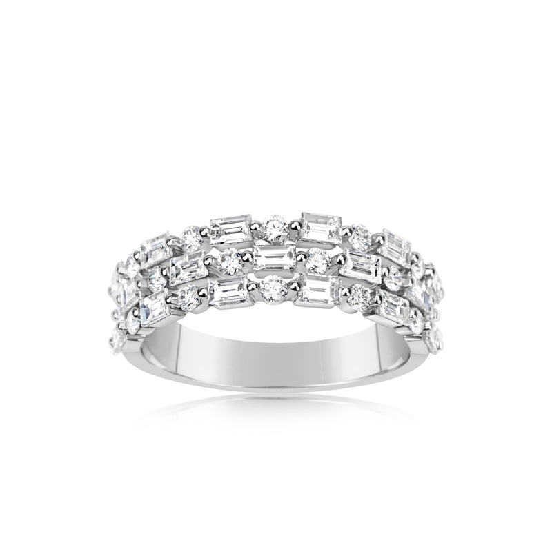 14K White Gold Three-Row Alternating Baguette and Round Diamond Band img1