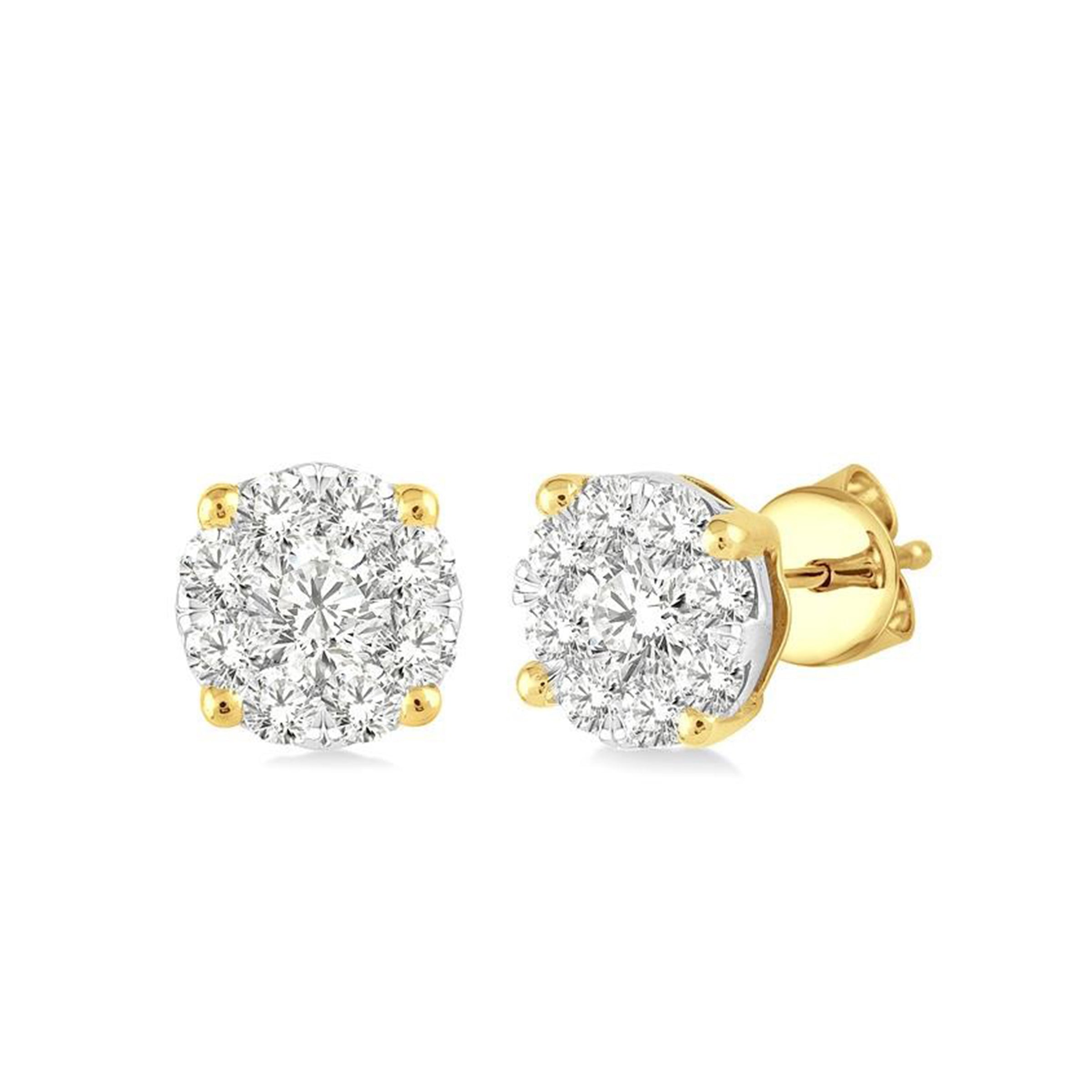 14K Yellow Gold 1.00 Carat Cluster Diamond Stud Earrings - Brilliant Sparkle