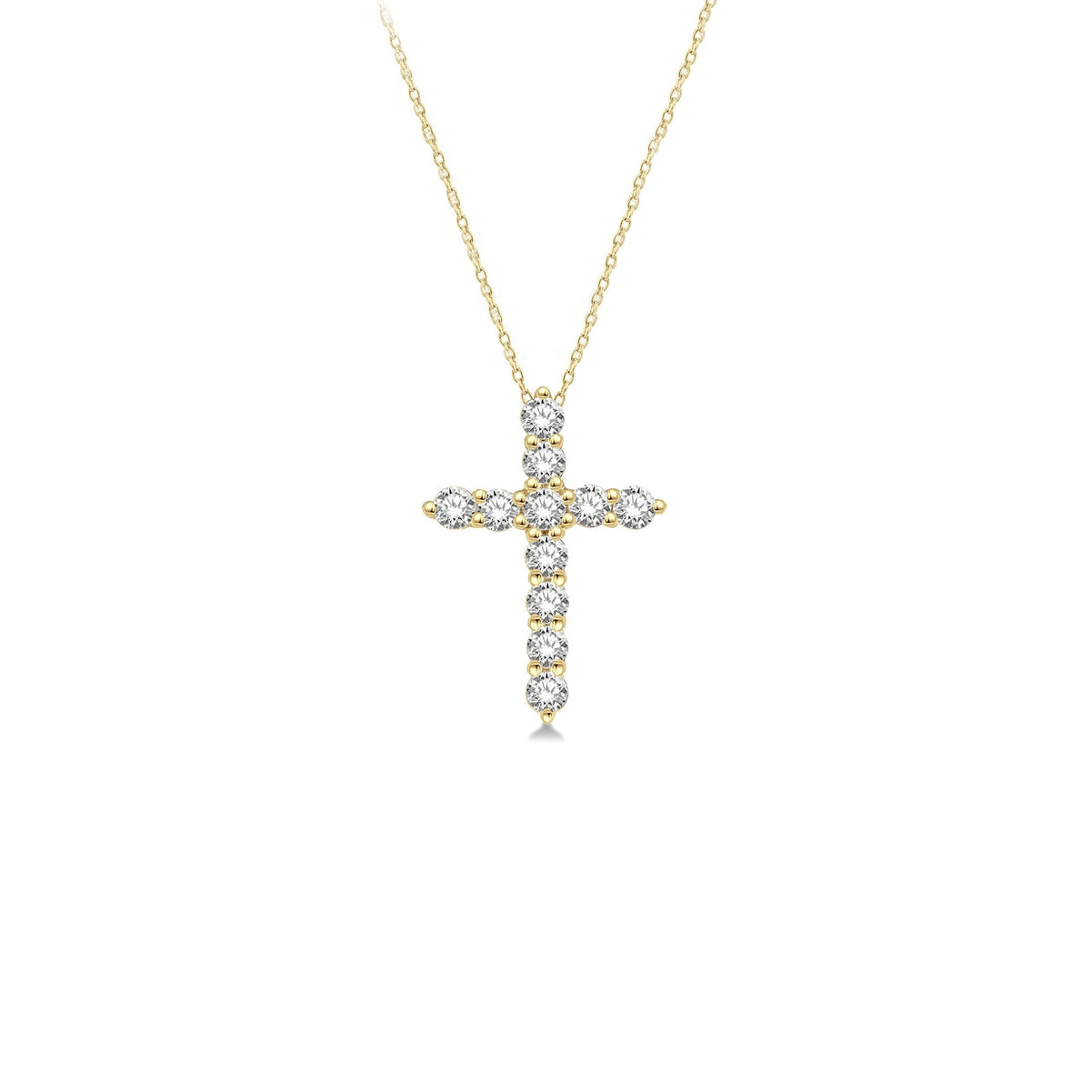 14K Yellow Gold 11 Diamond Cross Necklace