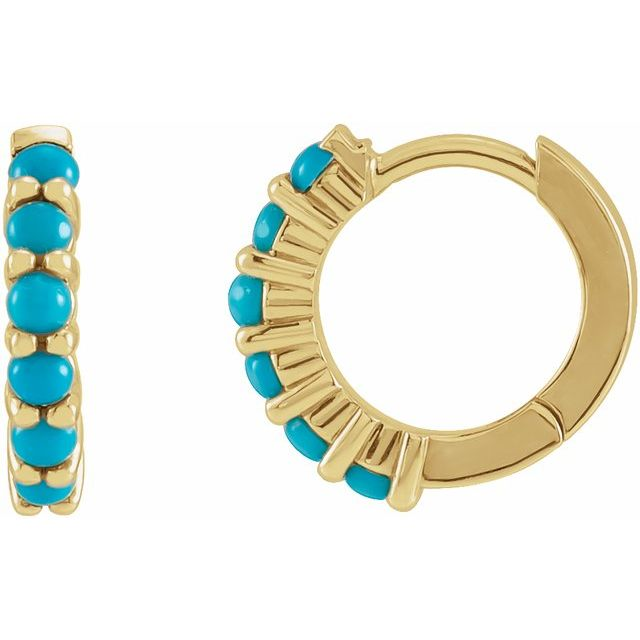 14K Yellow Gold Natural Tuquoise Cabochon Hoop Earrings