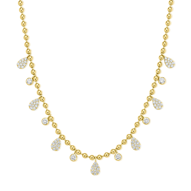 14K Yellow Gold Pear and Round Diamond Bead Chain Necklace