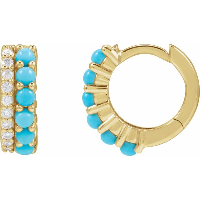 14K Yellow Gold Turquoise and Diamond Huggie Hoop Earrings