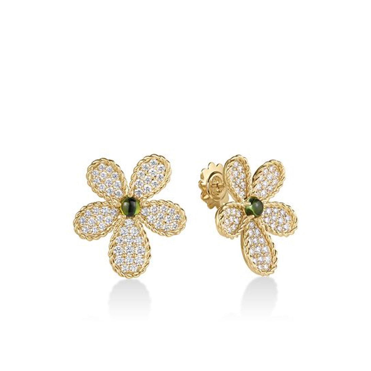 Roberto Coin 18K Yellow Gold Green Tourmaline and Diamonds Jasmine Flower Stud Earrings