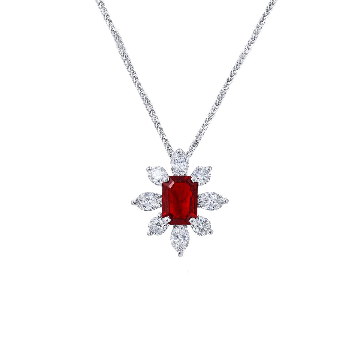 JB Star Emerald Cut Ruby and Diamond Pendant Necklace - NAGI
