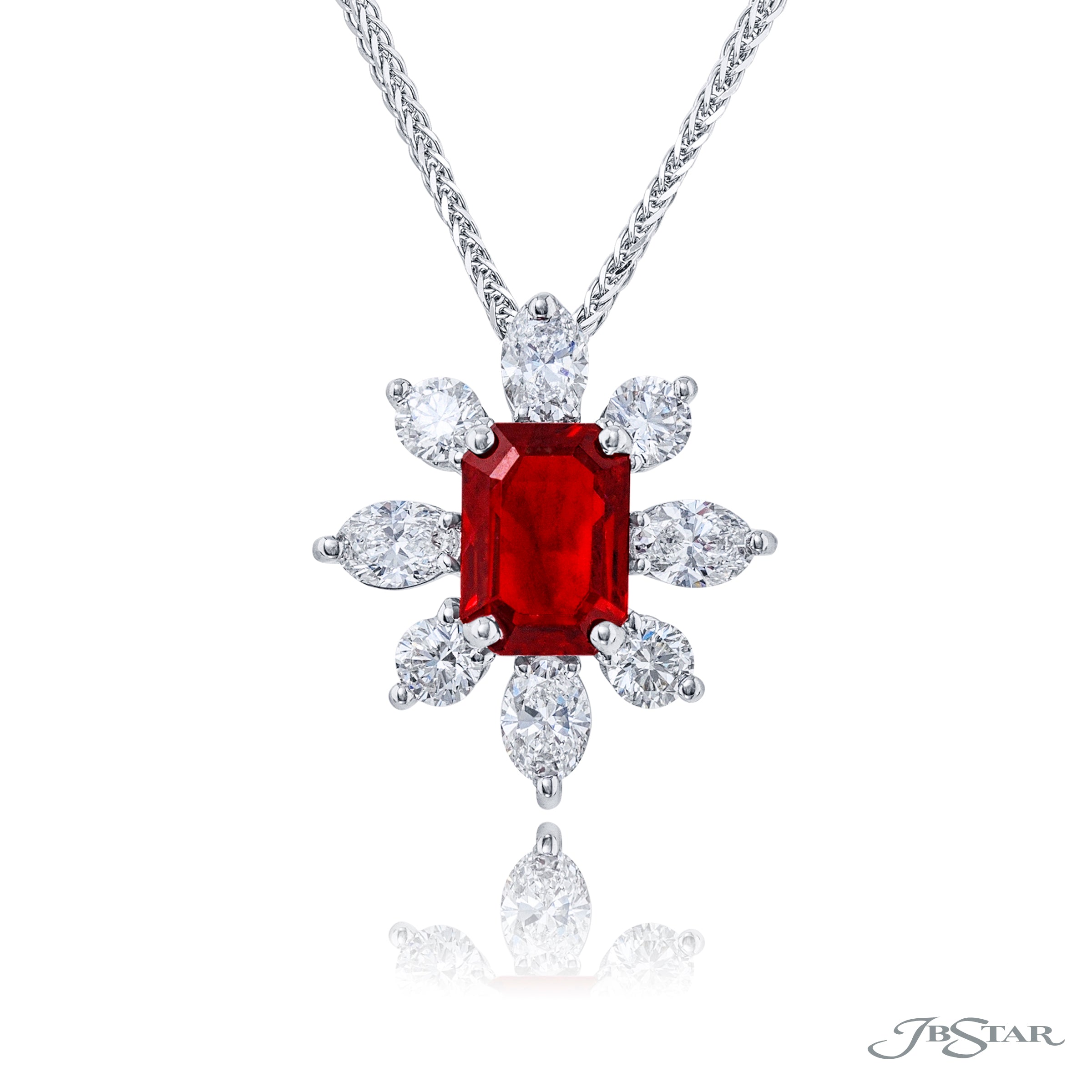 JB Star Emerald Cut Ruby and Diamond Pendant Necklace - NAGI