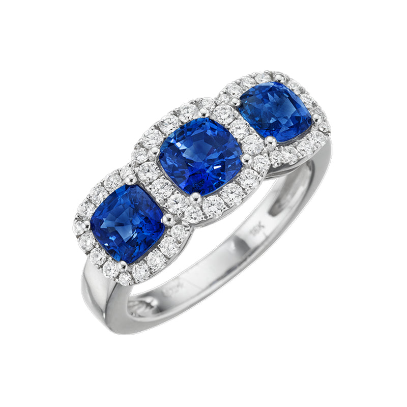 18K White Gold Cushion-Cut Sapphire and Round Diamond Ring