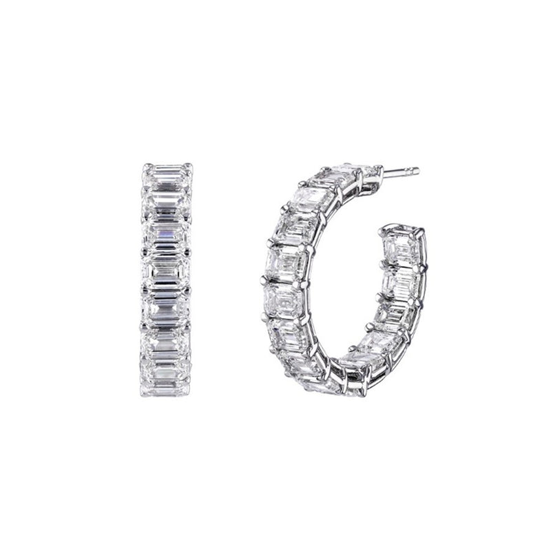 18K White Gold Emerald Cut Diamond Hoop Earrings
