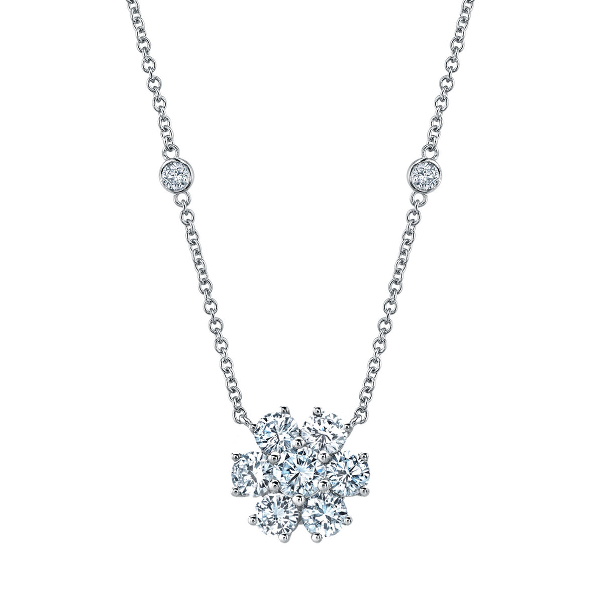 18K White Gold Floral Necklace with Diamond Stations