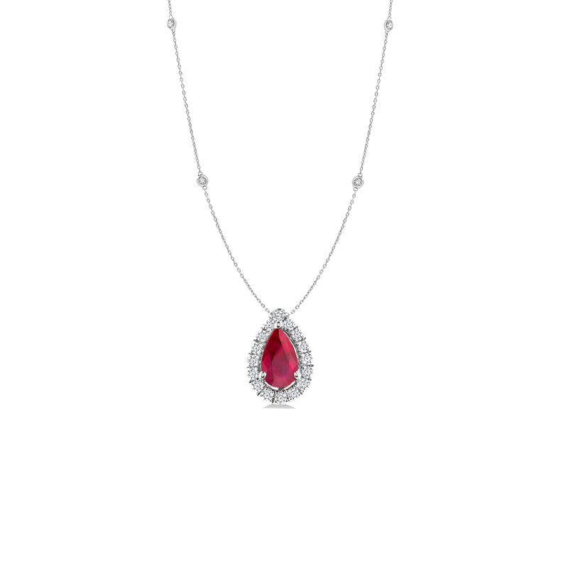 18K White Gold Pear Shaped Ruby Halo Sation Necklace