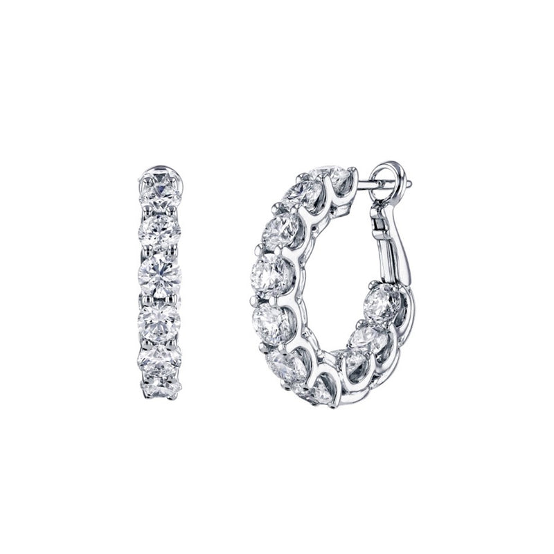 18K White Gold Round Shared Prong Diamond Hoop Earrings