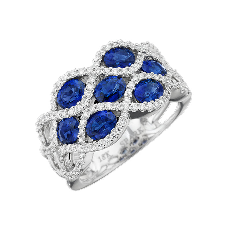 18K White Gold Sapphire and Wide Diamond Ring
