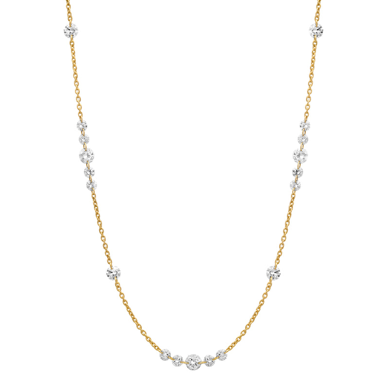 18K Yellow Gold Floating Drilled Diamond Station Necklace