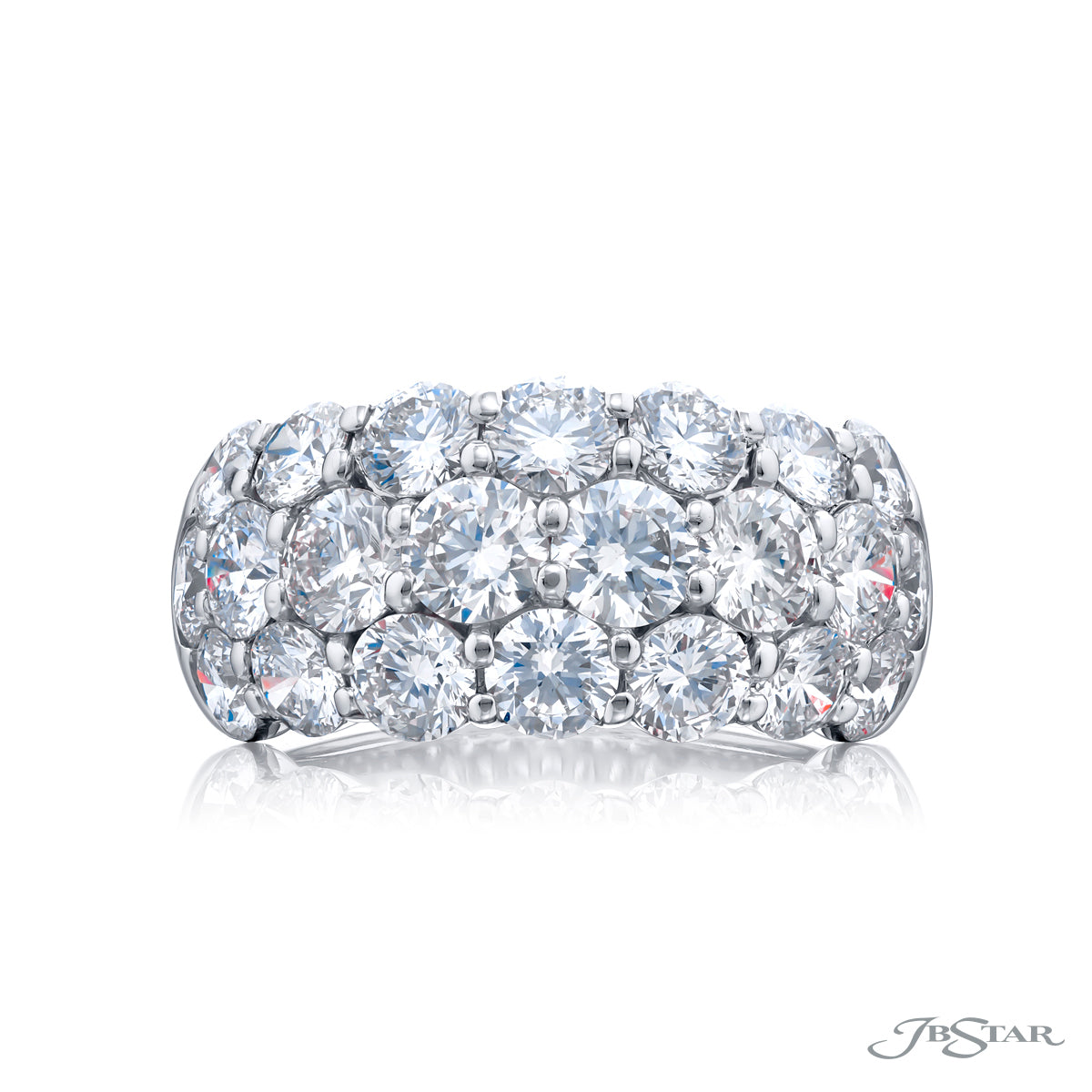 JB Star Platinum Shared Prong Set 3 Rows of Round Cut Diamond Band
