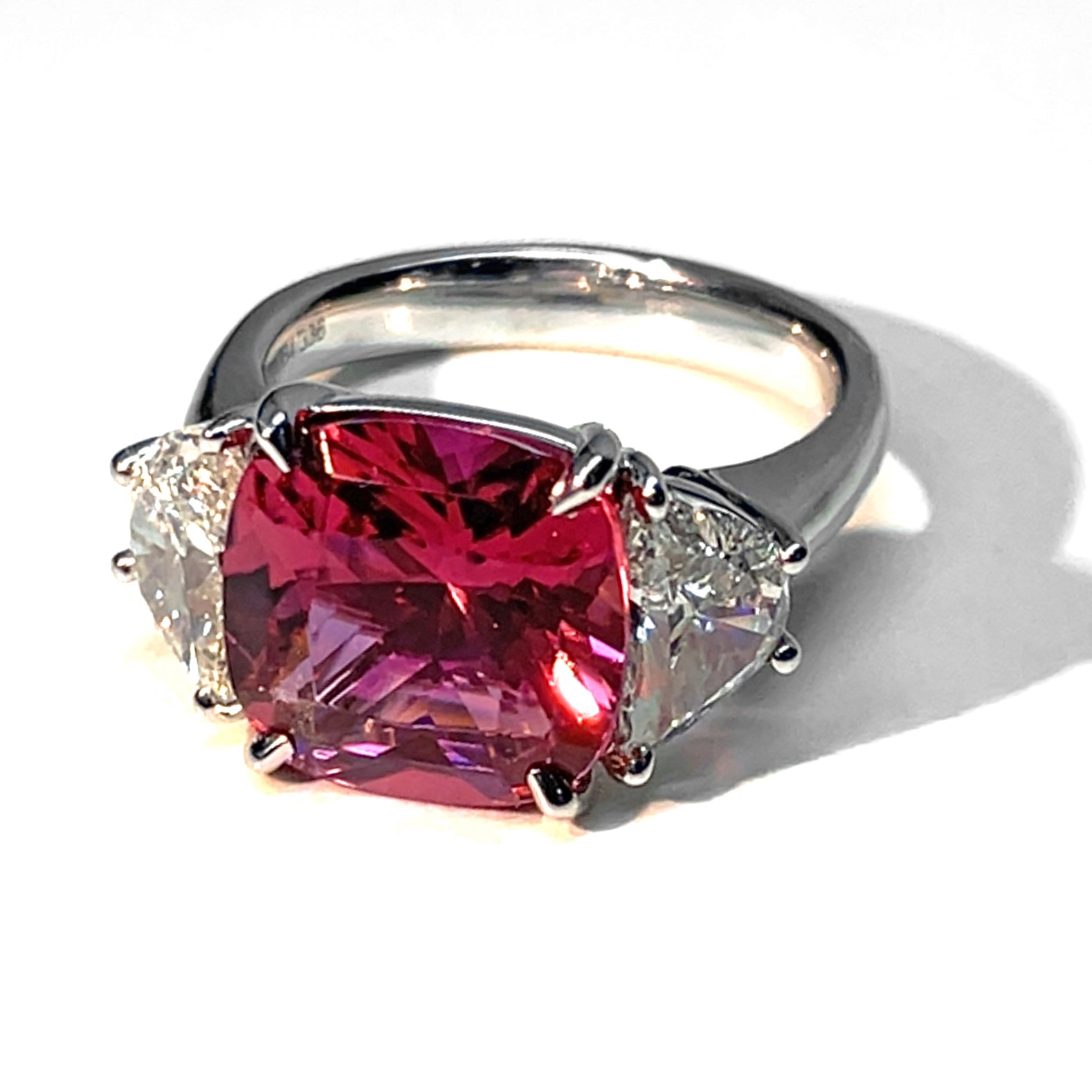 JB Star PinkTourmaline 5 Carat & Half Moon Diamond Platinum Ring