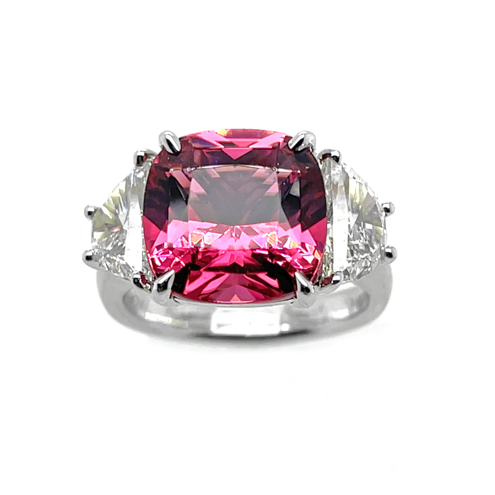 JB Star PinkTourmaline 5 Carat & Half Moon Diamond Platinum Ring