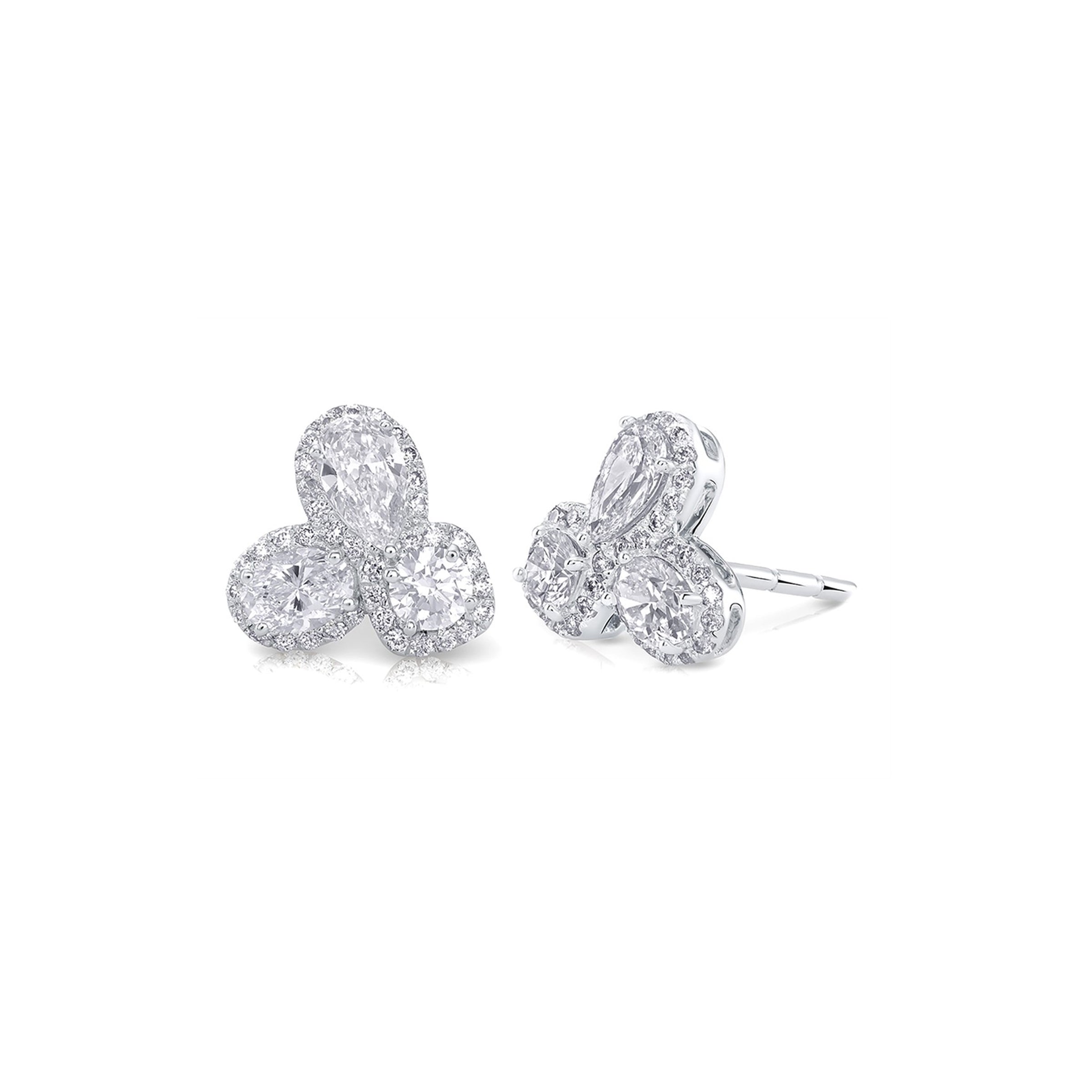 18K Whit Gold Tri-Shape Halo Cluster Stud Earrings