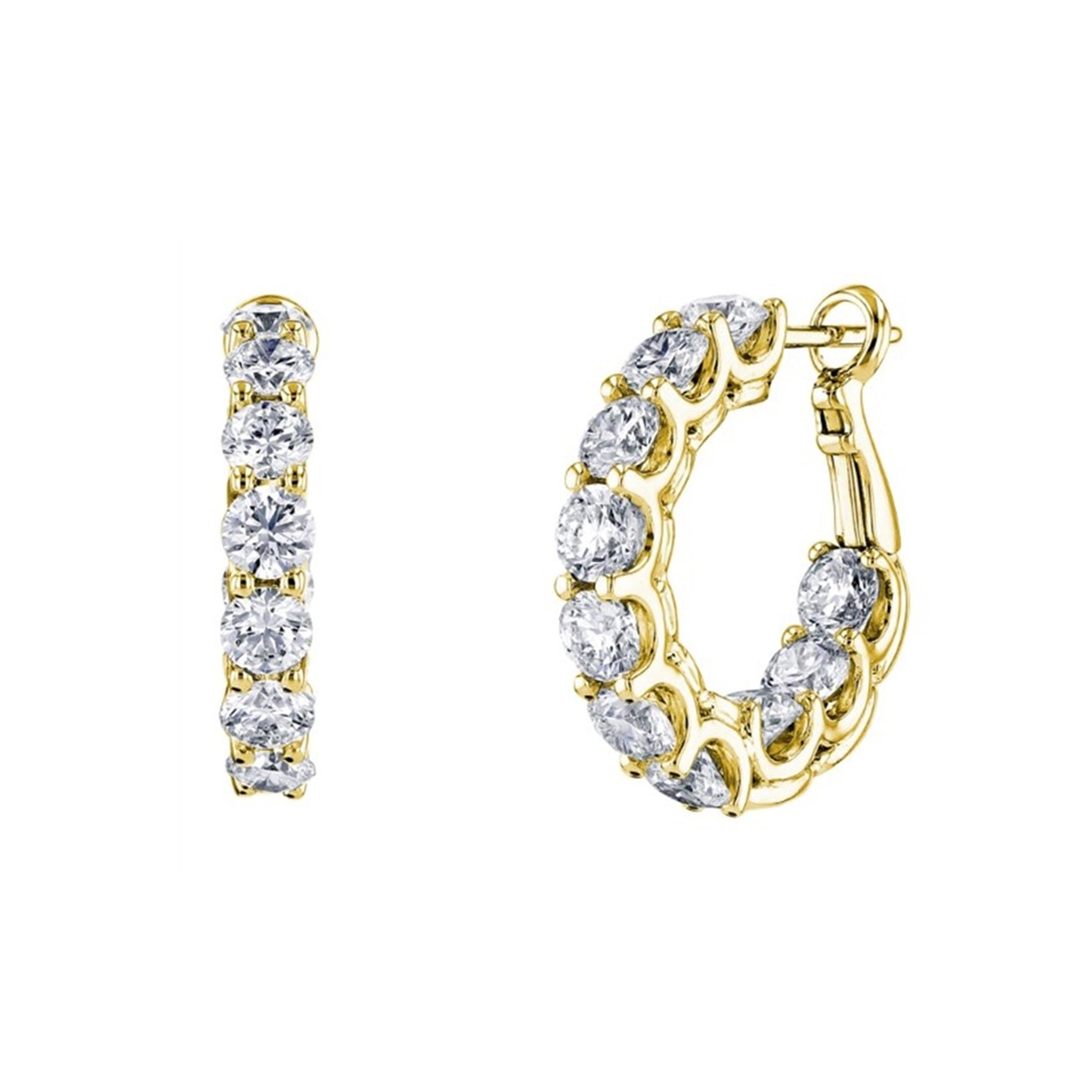 18K Yellow Gold Round Diamond Shared Prong Hoop Earrings