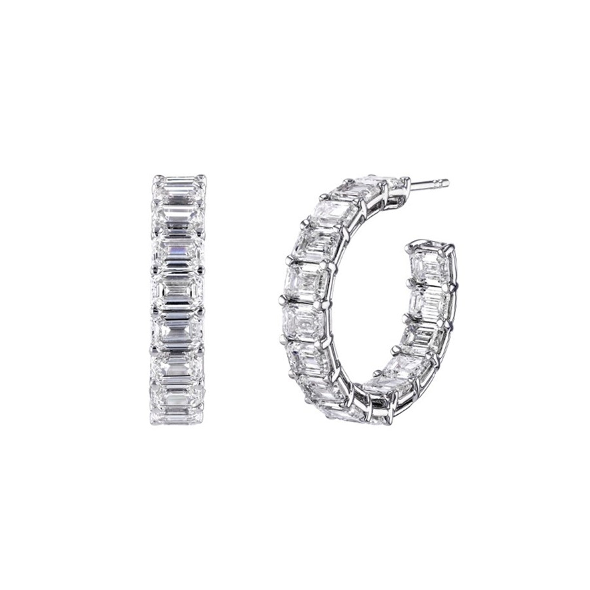 18K White Gold Emerald Cut Diamond Hoop Earrings