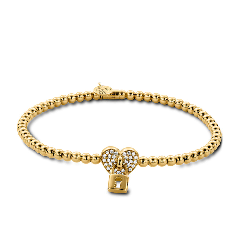 Hulchi Belluni 18K Yellow Gold Heart & Lock Stretch Bead Bracelet with Diamonds - NAGI