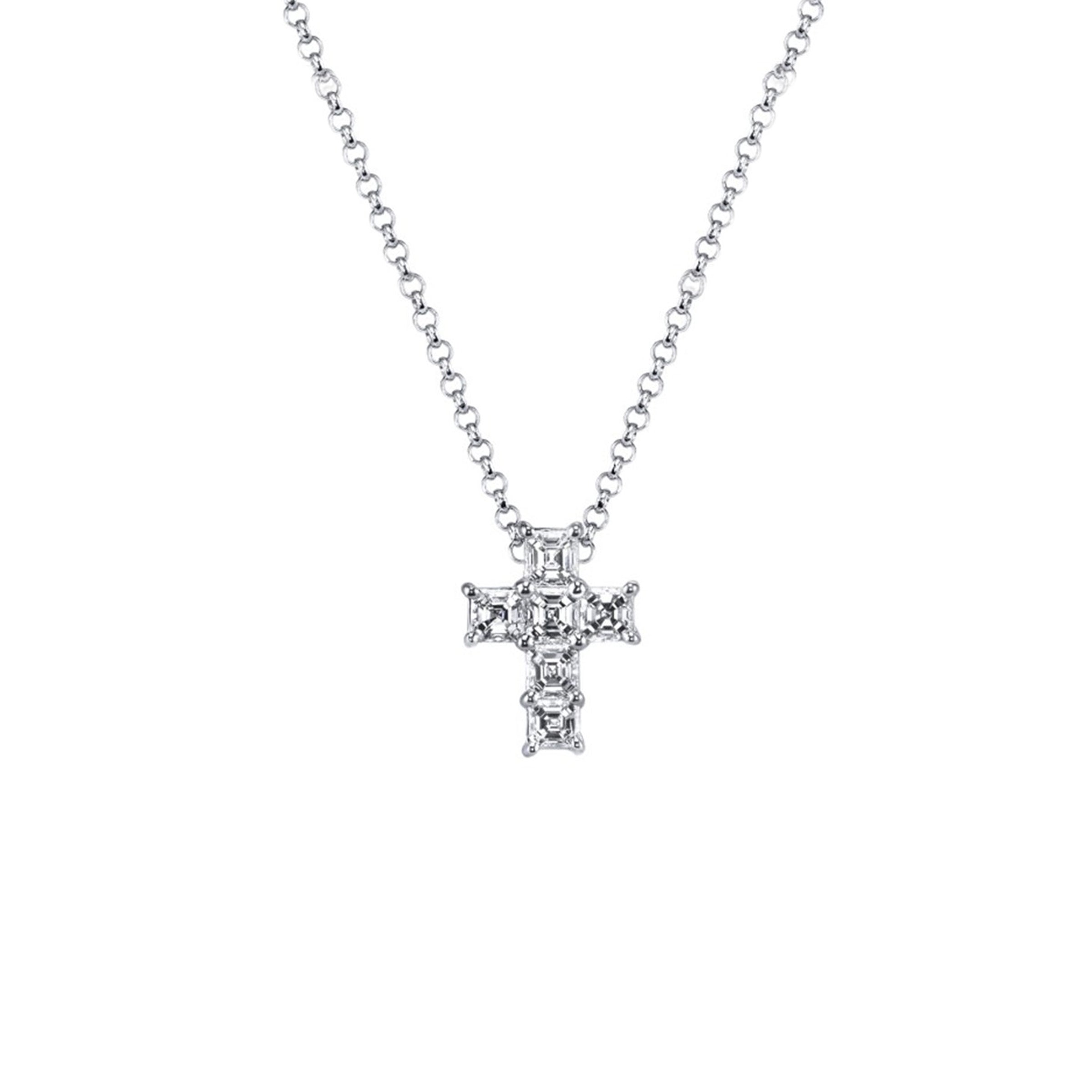 18K White Gold Asscher Cut Diamond Cross Necklace