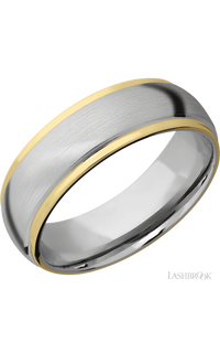 7 mm wide/Domed Stepped Down Edges/14K White Gold band with two 1 mm Edge inlays of 14K Yellow Gold.