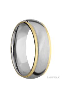 7 mm wide/Domed Stepped Down Edges/14K White Gold band with two 1 mm Edge inlays of 14K Yellow Gold.