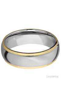 7 mm wide/Domed Stepped Down Edges/14K White Gold band with two 1 mm Edge inlays of 14K Yellow Gold.